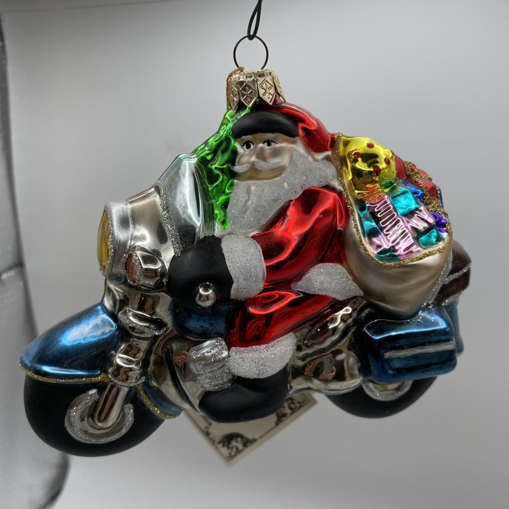 Kurt Adler Santa on Motorcycle Glass Christmas Ornament Blue Silver Red